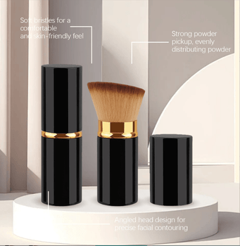Retractable Kabuki Makeup Brush, Angled Face Powder Brush with Soft Synthetic Bristles, Portable Travel Foundation Brush for Blending, Contouring, Buffing, Black Gold Design