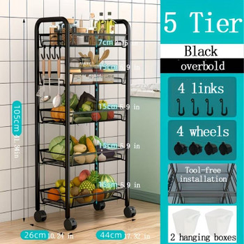 5 Tier Rolling Utility Cart with Wheels, Heavy Duty Metal Storage Organizer Trolley with Hooks and Removable Baskets, Multi-Purpose Snack Cart for Kitchen Bathroom Home Office