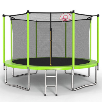 12FT Trampoline Green for Kids & Adults with Basketball Hoop and Ball ,Recreational Trampolines with Safety Enclosure for Back Yard Outdoor