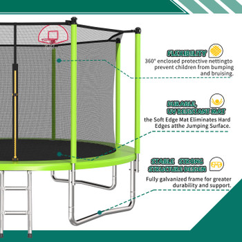 12FT Trampoline Green for Kids & Adults with Basketball Hoop and Ball ,Recreational Trampolines with Safety Enclosure for Back Yard Outdoor