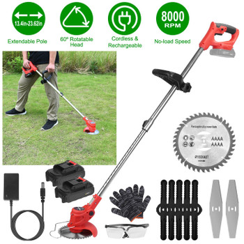 Electric Cordless Grass Trimmer Rechargeable Lawn Mower Weed Cutter with 2 Alloy Saw Blades 2 Alloy Blades 10 Plastic Blades 2 Rechargeable Batteries Goggles Gloves Auxiliary Handle