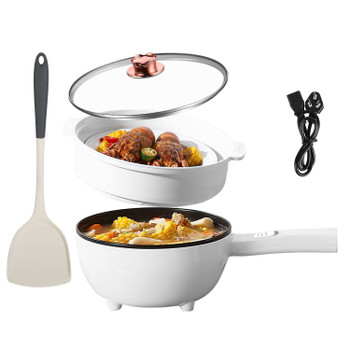 Electric Hot Pot Non-Stick Frying Pan Portable Rapid Noodles Cooker with Long Handle Steamer Spatula Dual Power Control Overheat Dry-Boil Protection for College Dorm Room Essential