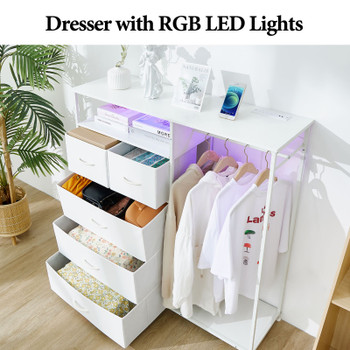White Wardrobe Dresser with Hanging Rack and LED Lights Small Closet for Bedroom with 5 Drawers