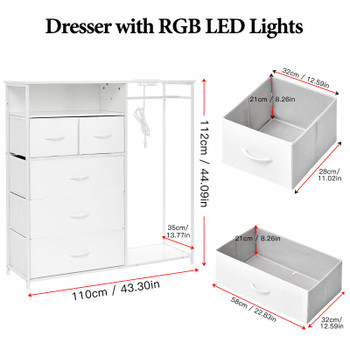 White Wardrobe Dresser with Hanging Rack and LED Lights Small Closet for Bedroom with 5 Drawers