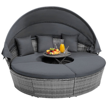 Outdoor PE Wicker Round Daybed with Retractable Canopy and Cushions