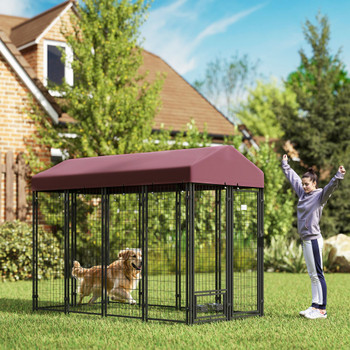 Outdoor Dog Kennel with Rotating Bowl Holders, Walk-in Pet Playpen with Waterproof Cover, 8' x 4' x 6', Red