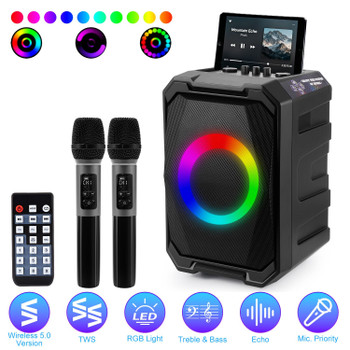 Portable Wireless Party Speaker with LED Light 2 Wireless Mics Remote Control TWS Music Accompany Mic. Priority Bass Echo Mic Treble Guitar In