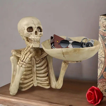 Skull Tray Ornament with Bowl – Unique Skeleton Design for Indoor & Outdoor Decor, Perfect for Halloween, Day of the Dead, or Gothic Themed Rooms, Creative Room Decoration