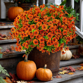 Artificial autumn flowers, outdoor fake chrysanthemums, fake plants, UV resistant and colorfast, simulated plastic greenery for gardens, porches, terraces, and autumn home decoration (red-orange 16).