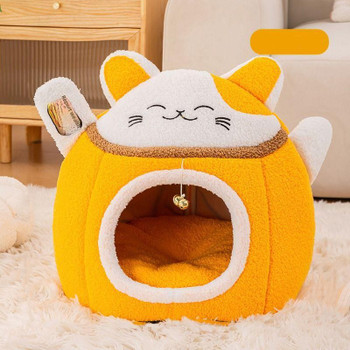 Cartoon Orange Cat Closed Cat Nest, Autumn and Winter with Velvet Warm Nest Mat, Semi Closed Pet House for Small Cats