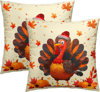 Thanksgiving Throw Pillow Covers 18x18 Set of 2 Thanksgiving Day Turkey Pillow Case Fall Orange Maple Leaves Pumpkin Pillowcase Autumn Farmhouse Animals Cushion Cases for Outdoor Couch Patio
