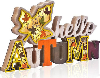 Hello Autumn Lighted Wooden Table Sign, 3D Fall Table Decor with Maple Leaf Cutouts, Rustic Thanksgiving Decorations for Home Office, Fall Centerpieces with LED for Tables Desk (hello)