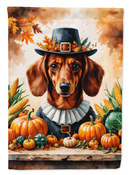 Red Brown Dachshund Thanksgiving House Flag Large Porch Sleeve Pole Decorative Outside Yard Banner Artwork Wall Hanging, Polyester, House Size, Multicolor