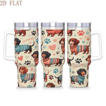 1pc 2D Flat Printed Dachshund Tumbler, Stainless Steel Car Cup with Retro Polka Dot & Paw Print, Cute Vintage Sweater Dog Water Bottle