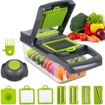 Vegetable Chopper Dicer with Container | Cheese Grater Mandoline Slicer Cabbage Shredder French Fry Cutter Stainless Steel for Veggie Onion Potato Fruit Food, Manual Hand Cooking Gadget for Kitchen