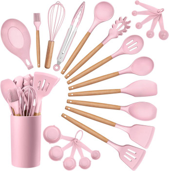 Kitchen Cooking Utensils Set, 23-Piece Silicone Kitchen Utensils Spatula Set with Holder, Heat Resistant Wooden Handle Kitchen Gadget for Nonstick Cookware, Food-grade Turner Spoon Sets (Pink)