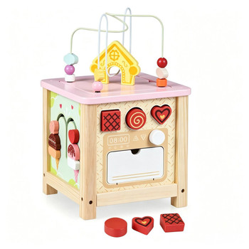 Wooden Activity Cube for Toddlers, Multi-Side Play Center with Pretend Kitchen & Storage Compartment, Montessori Educational Toy for 18+ Months