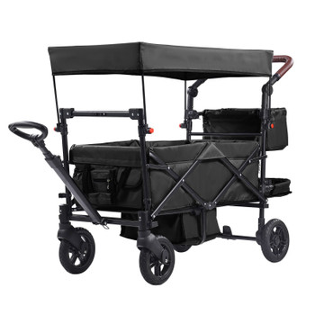 Wagon Stroller for 2 Kids, Push Pull Quad Collapsible Stroller with Adjustable Handle, Encircling Harness Removable Canopy, 4 Wheels with Brakes, Mutifunction Tandem Stroller for Camping Black