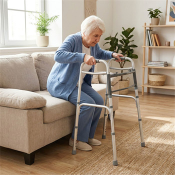 Silver Foldable Walker, 2-Button Folding Mechanism & 7-Level Adjustable Height (30"-36"), 350LBS Capacity
