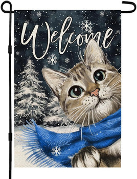 CROWNED BEAUTY Winter Cat Garden Flag 12x18 Inch Double Sided for Outside Small Welcome Burlap Holiday Yard Decoration CF1660-12