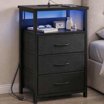 Nightstand with Charging Station, 3 Fabric Drawers, LED Light & Open Shelf, Modern End Table with AC Outlets & USB Ports, Bedside Table for Bedroom, Black