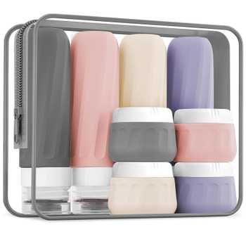 Travel Bottles for Toiletries 8 Pack, Travel Size Toiletries,  Travel Size Containers 3oz, with Travel Essentials Clear Bag, Leak Proof Silicone Squeezable Creams Jars