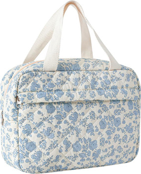 Large Size Quilted Coquette Makeup Bag, Cute Preppy Floral Cotton Travel Cosmetic Organizer Bag with Top Handle, Multi-Layer Travel Toiletry Pouch (Lightblue Flower)
