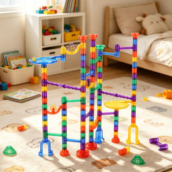145-Piece Marble Maze Building Block Brain Game, Educational Race Track with 40 Glass & 5 Glow-in-the-Dark Marbles