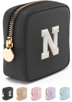 Small Makeup Bag, Personalized Initial Cosmetic Pouch with Zipper | Mini Black Nylon Cosmetic Bag with Zipper, Water-Resistant Beauty Pouch for Purse, Travel Essentials, Letter N
