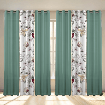 6-Panel Window Curtain Set, Sage Green Floral & Solid Color Combo, 38" x 84" Each, Light Filtering Decorative Drapes with Stainless Steel Grommets, Water Repellent & Pet Friendly