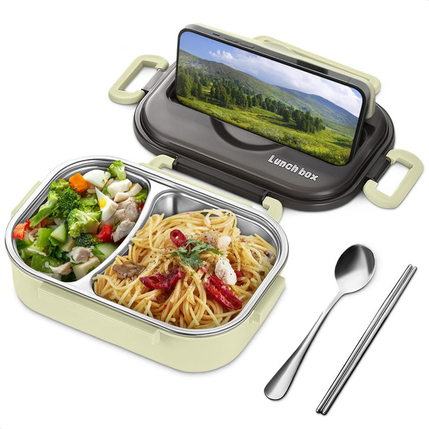 Stainless Steel Lunch Box for Hot Food 48.5 oz Stainless Steel Bento Box Adult with Phone Stand Spoon & Chopsticks 2 Compartment Hot Food Lunch Container with Durable Plastic & Soft Rubber Lid