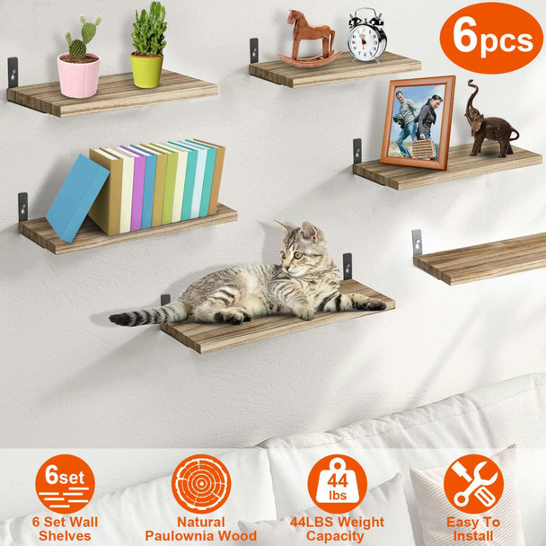 6 Sets Floating Shelves 15.55x5.19Inch Wall Mounted Shelves Wood Storage Shelves Metal Bracket Hanging Display Shelf Wall Organizer for Living Room Ba