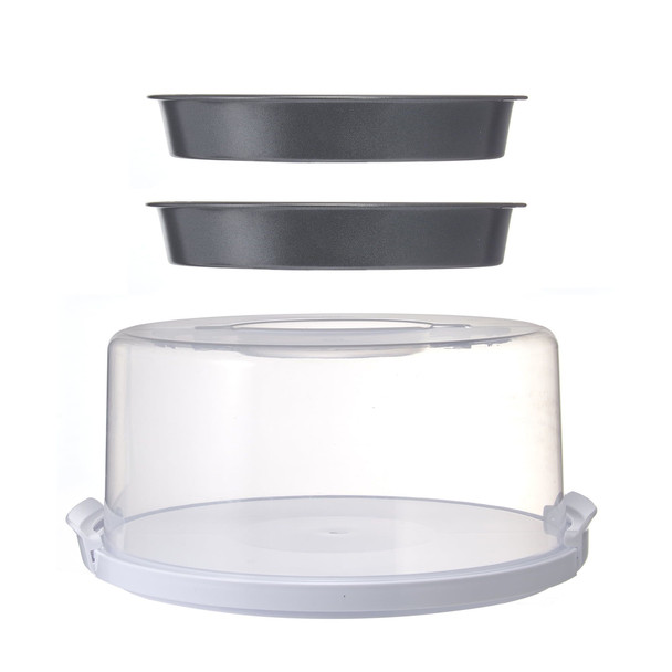 12 inch Clear Cake Carrier with 2pk 9 inch Gray Round Pans, Carbon Steel