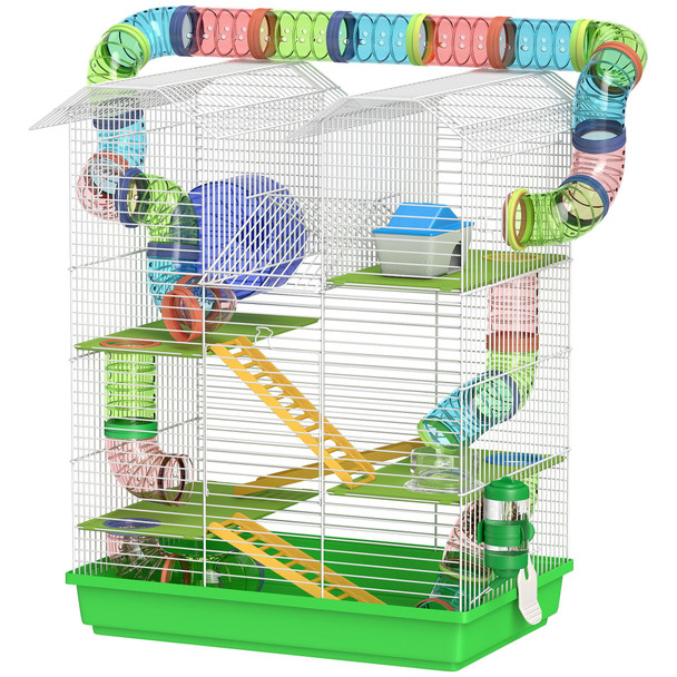 PawHut 18.5" 5 Tier Hamster Cage with Tubes and Tunnels, Small Animal Cage, Rat Gerbil Cage with Water Bottle, Food Dish, Exercise Wheel, Green