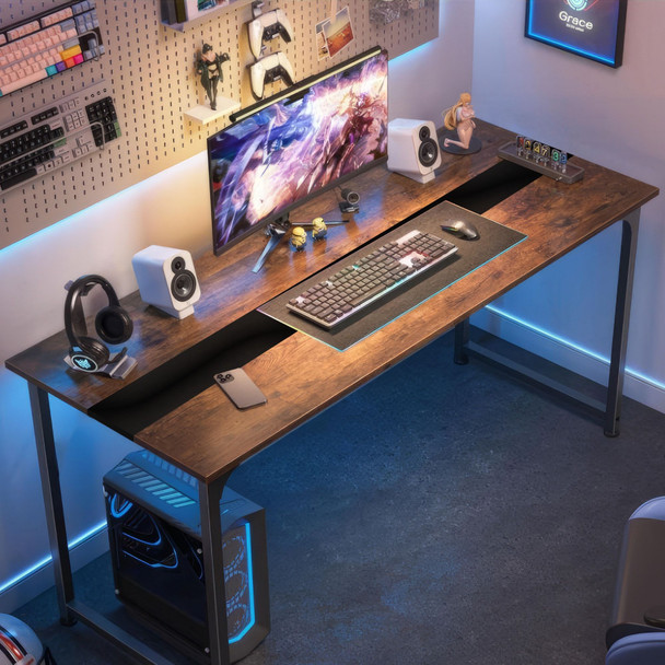 Computer Desk Large Office Desk, 59.8 Inch Gaming Desk Writing Desk Work Desk for Home Office, Study, Modern Simple Wooden Desk, Large Legroom, Metal Frame, Rustic/Black