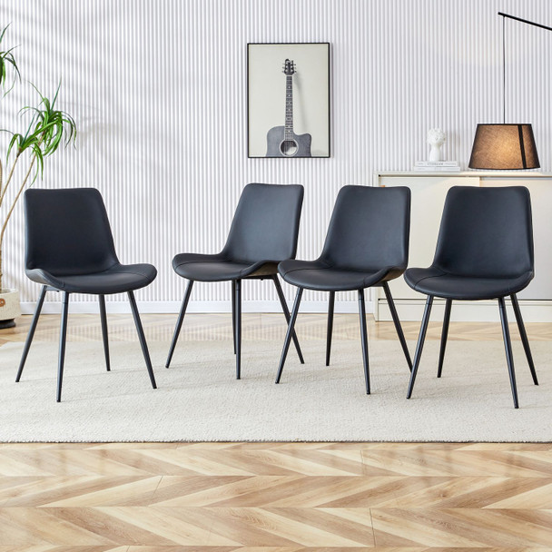 Black artificial leather backrest cushion dining chair, black metal legs, curved widened cushion design for more comfort, suitable for restaurants, kitchens, bedrooms, offices.(4 chairs) 0502