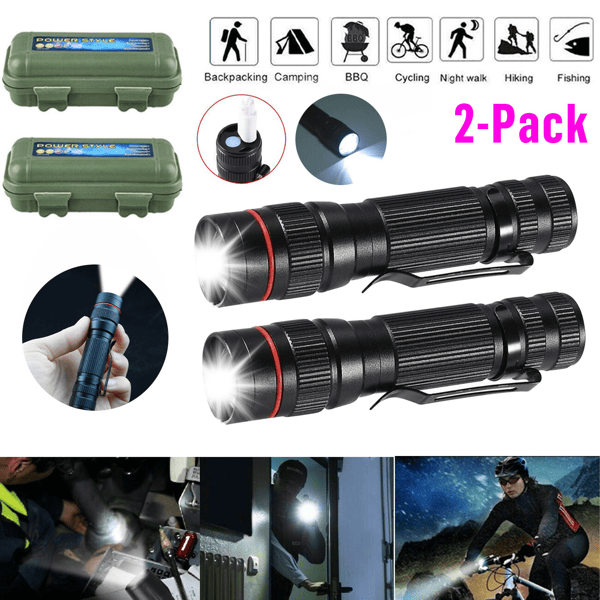 2 Pack USB Rechargeable LED Flashlight Adjustable Focus 3-Modes Outdoor Mini Flashlight W/ USB Cable+Mini Box