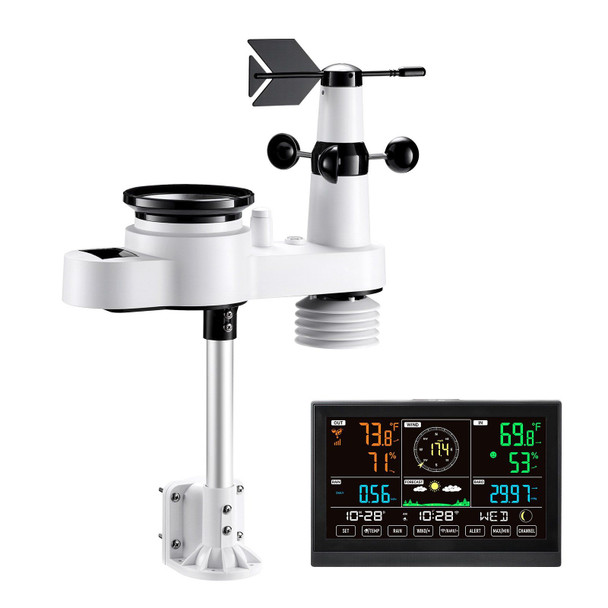 5-in-1 Wi-Fi Weather Station, 7.5-Inch VA Display, Wireless Solar Powered Outdoor Sensor, Rain Gauge, Indoor Outdoor for Weather Forecast, Wind Speed Direction, Temperature, Humidity, Rainfall