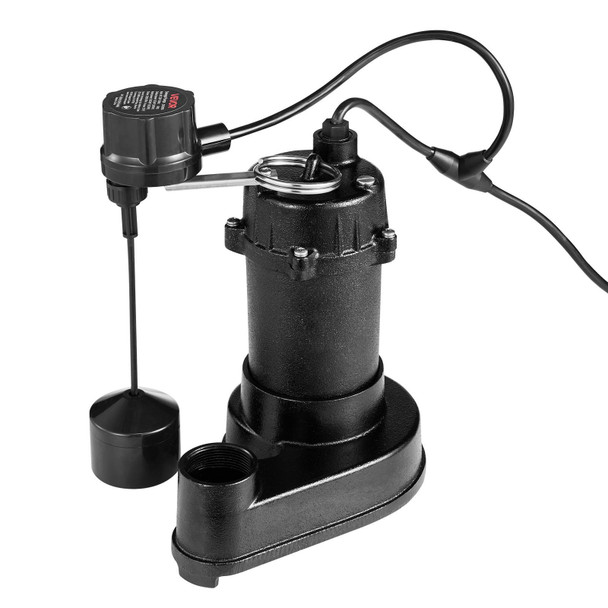 Submersible Sewage Pump, 1/3 HP, 3000 GPH Cast Iron Sewage/Effluent Pump with Automatic Float Switch, 1.5-Inch NPT Discharge, 120V, 25 ft Lift, for Basement, Septic Tank, Residential Sump Basin