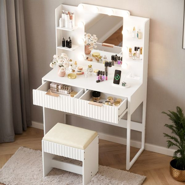 White particleboard with a melamine finish, 2 drawers, 4 shelves, a dressing table set with 10 three-tone light bulbs, a power strip, and a grille.