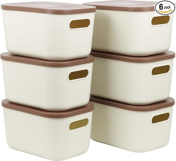 Small Plastic Storage Bins with Flip Top Lids – 6 Pack, Beige