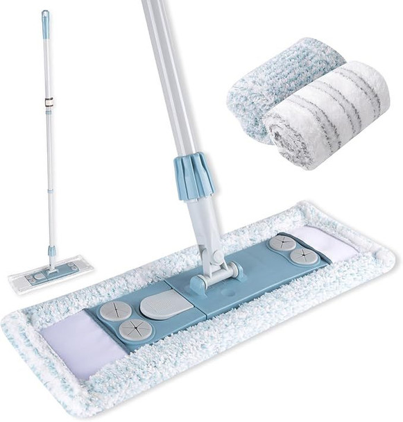 Dust Mop for Floor Cleaning,Magnetic Floor Flat Mop with 2 Washable Pads -Extendable 64'' Iron Handle for Hardwood Tile Marble Laminate Floors,Blue&Gray