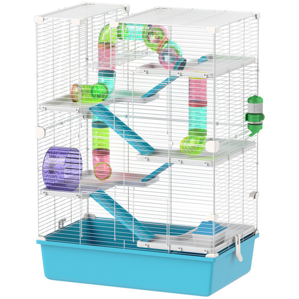 PawHut 6 Tier Hamster Cage with Tubes and Tunnels, Hut, Wheel, Food Dish, Water Bottle, Ramps, for Dwarf & Gerbil, Light Blue
