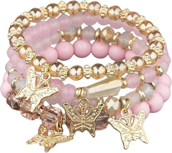 4Pcs Set Bohemian Butterfly Crystal Stone Stretch Pendant Bracelets for Women Gold Beaded Stackable Stretch Bracelet Colorful Charm Jewelry Boho Summer Beach
