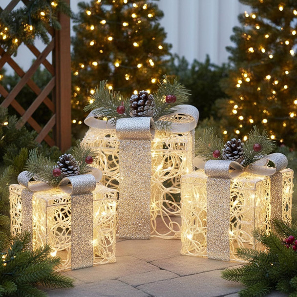 White Christmas Decorations, Set of 3 Christmas Lighted Gift Boxes, 48 LED Light Up Present Boxes for Indoor Outdoor Party Yard Home Holiday Decorations (White and Silver)