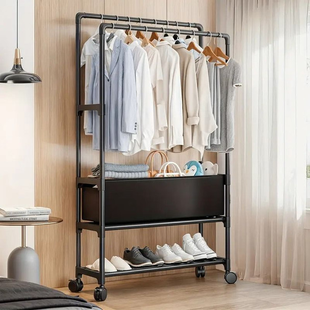 Multifunctional Freestanding Coat Rack with Storage Baskets & Wheels, Metal Garment Organizer with Shoe Rack, Space-Saving Entryway & Bedroom Storage Stand