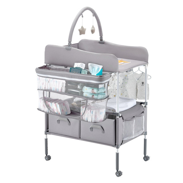 VEVOR Baby Changing Table, Foldable Diaper Change Station with 2 Fabric Drawers, Side Basket & Hanging Rod, Adjustable Height Portable Changing Table with Lockable Wheels & 2 Star Toys, Light Gray