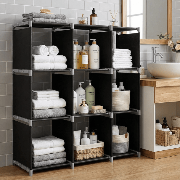 3-Tier 9-Cube Modular Storage Organizer – Durable Steel Tube & Non-Woven Fabric Shelf, Space-Saving Multi-Purpose Storage Rack for Bathroom, Kitchen, Bedroom, Living Room & Office