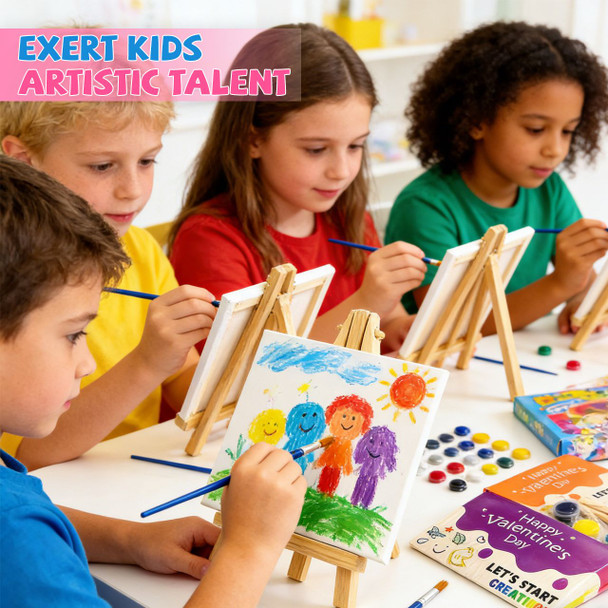 24 Sets Valentines Day Gifts for Kids Valentines Cards Mini Painting Canvas Panel with Wooden Easel Watercolor Paints Brush Kit for School Classroom Exchange Gifts