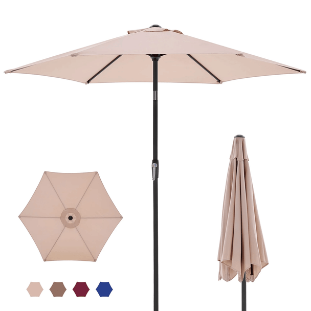7.5-foot outdoor terrace sun umbrella, with button tilt and hand-cranking device, 6-rib design, UV15+ waterproof fabric
